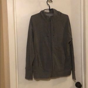 Gray hoodie, front zip, pockets, thumb holes